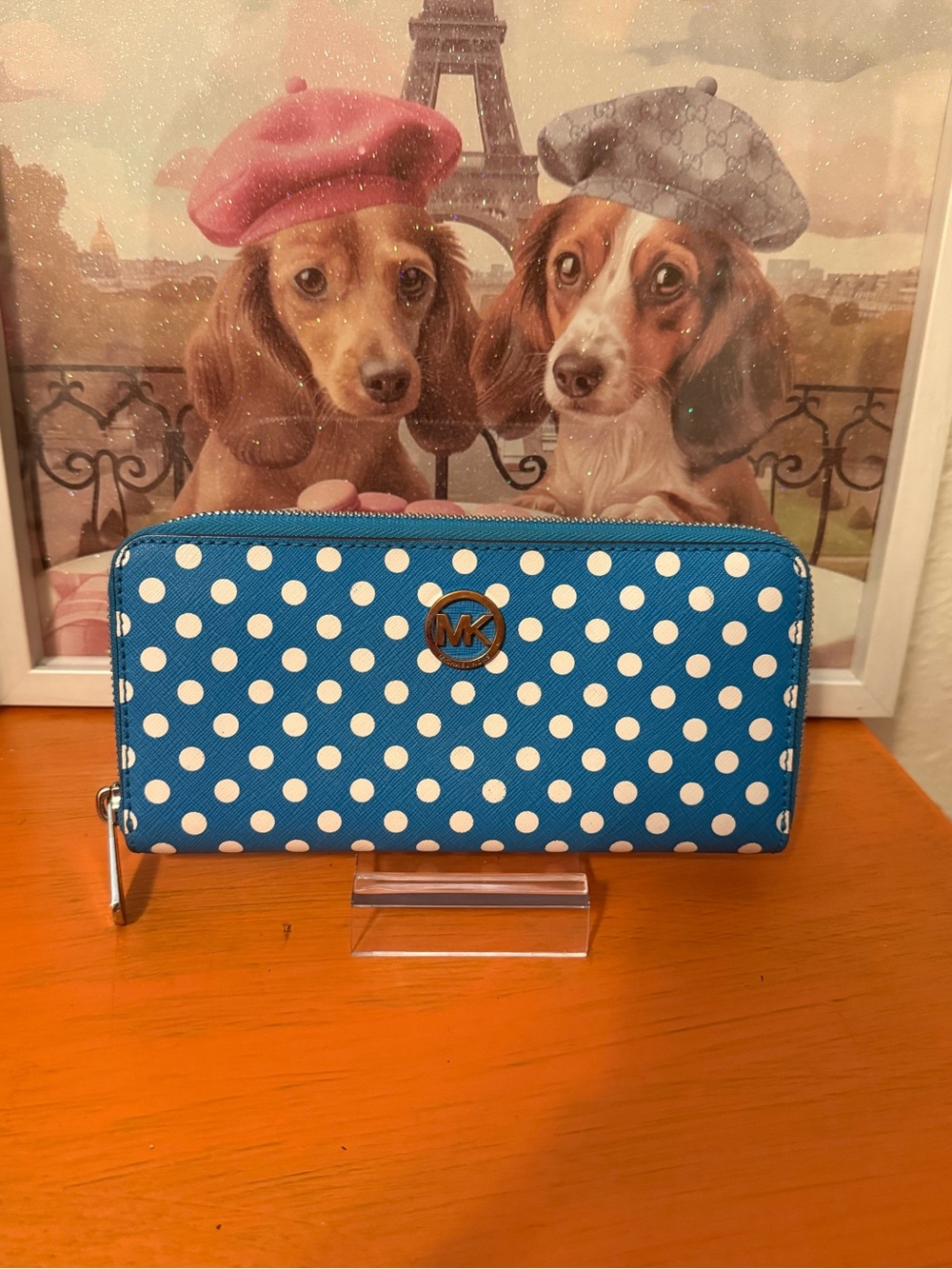 Michael Kors Blue and White Polka Dot Zip Wallet